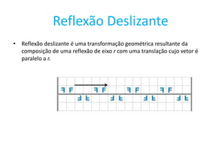 Reflexão Deslizante
• Reflexão deslizante é uma transformação geométrica resultante da
  composição de uma reflexão de eixo r com uma translação cujo vetor é
  paralelo a r.
 