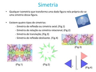 Simetria
• Qualquer isometria que transforma uma dada figura nela própria diz-se
  uma simetria dessa figura.

• Existem quatro tipos de simetrias:
        - Simetria de reflexão ou simetria axial; (Fig.1)
        - Simetria de rotação ou simetria rotacional; (Fig.2)
        - Simetria de translação; (Fig.3)
        - Simetria de reflexão deslizante. (Fig.4)


                                                                (Fig.3)




         (Fig.1)                   (Fig.2)
                                                                          (Fig.4)
 
