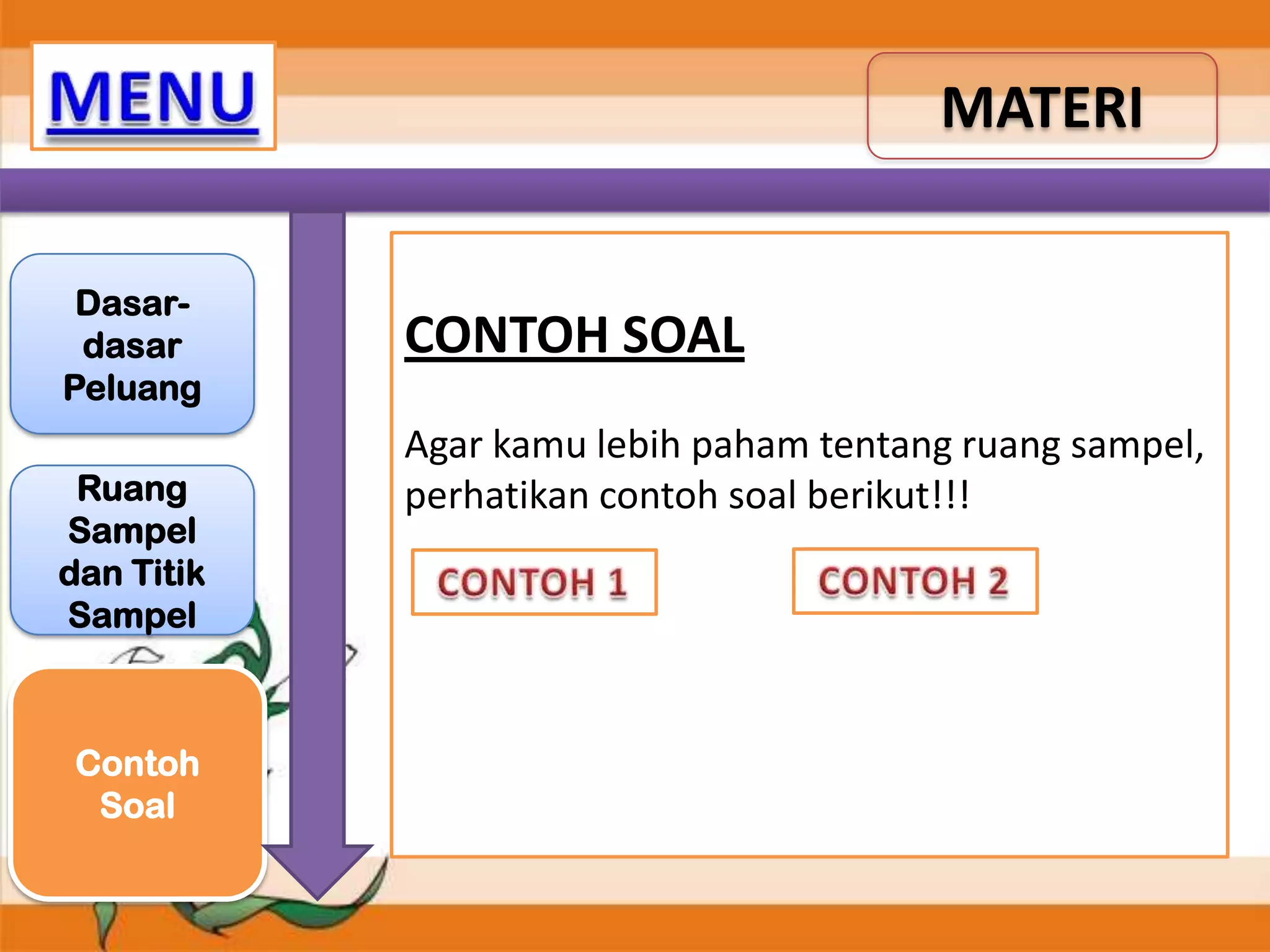 MATERI
Dasardasar
Peluang
Ruang
Sampel
dan Titik
Sampel

Contoh
Soal

CONTOH SOAL
Agar kamu lebih paham tentang ruang sampel,
perhatikan contoh soal berikut!!!

 