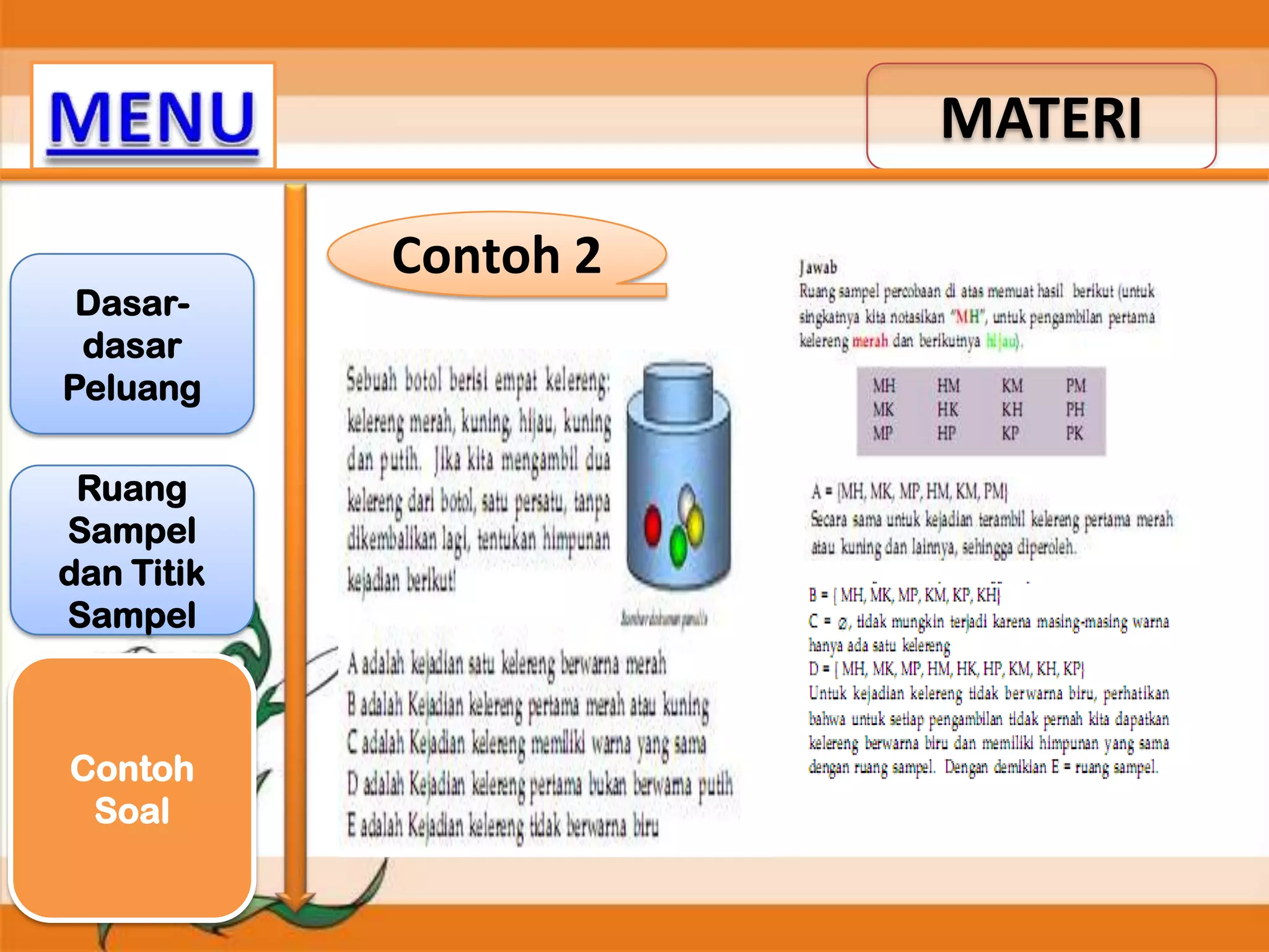 MATERI
Dasardasar
Peluang
Ruang
Sampel
dan Titik
Sampel

Contoh
Soal

Contoh 2

 
