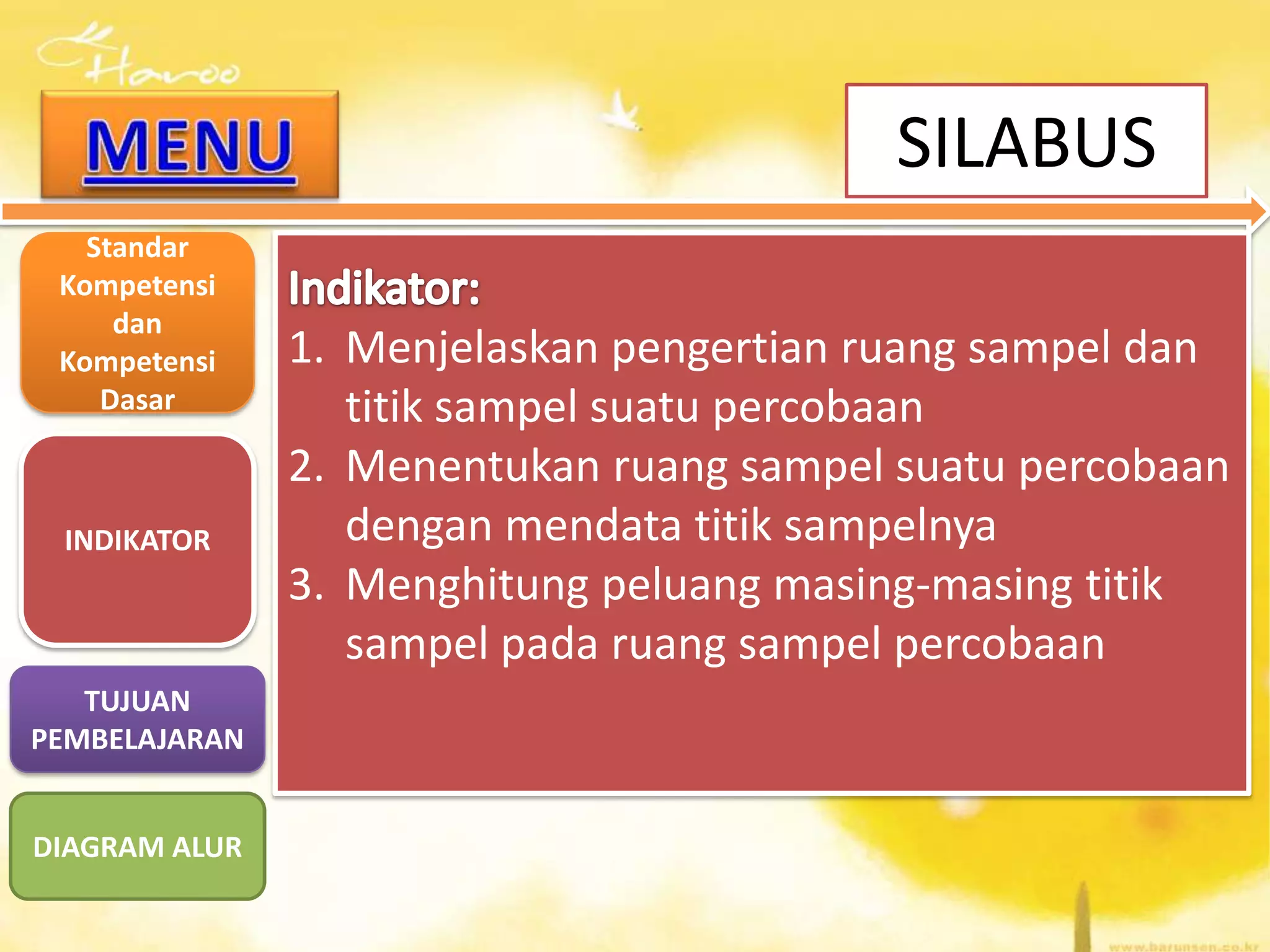 SILABUS
Standar
Kompetensi
dan
Kompetensi
Dasar

INDIKATOR

TUJUAN
PEMBELAJARAN
DIAGRAM ALUR

1. Menjelaskan pengertian ruang sampel dan
titik sampel suatu percobaan
2. Menentukan ruang sampel suatu percobaan
dengan mendata titik sampelnya
3. Menghitung peluang masing-masing titik
sampel pada ruang sampel percobaan

 