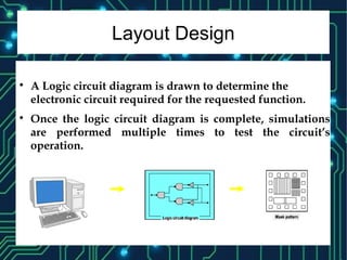 Layout Design

A Logic circuit diagram is drawn to determine the
electronic circuit required for the requested function.

Once the logic circuit diagram is complete, simulations
are performed multiple times to test the circuit’s
operation.
 