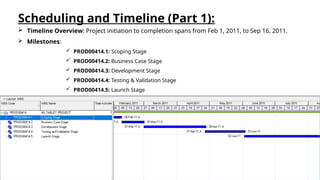 Scheduling and Timeline (Part 1):
 Timeline Overview: Project initiation to completion spans from Feb 1, 2011, to Sep 16, 2011.
 Milestones:
 PROD00414.1: Scoping Stage
 PROD00414.2: Business Case Stage
 PROD00414.3: Development Stage
 PROD00414.4: Testing & Validation Stage
 PROD00414.5: Launch Stage
 