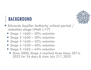 BACKGROUND
 Edwards Aquifer Authority critical period /
reduction stage (Well J-17)
 Stage 1 <660 – 20% reduction
 Stage 2 <650 – 30% reduction
 Stage 3 <640 – 35% reduction
 Stage 4 <630 – 40% reduction
 Stage 5 <625 – 44% reduction
 Since 2000, Stage 4 reached three times: 2014,
2022 for 24 days & since July 21st, 2023
 