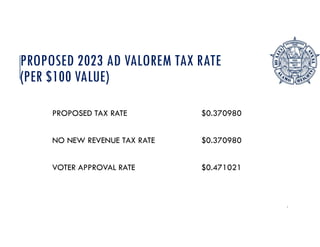 PROPOSED 2023 AD VALOREM TAX RATE
(PER $100 VALUE)
2
PROPOSED TAX RATE $0.370980
NO NEW REVENUE TAX RATE $0.370980
VOTER APPROVAL RATE $0.471021
 