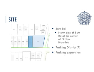 SITE
 Burr Rd
 North side of Burr
Rd at the corner
of N New
Braunfels
 Parking District (P)
 Parking expansion
 