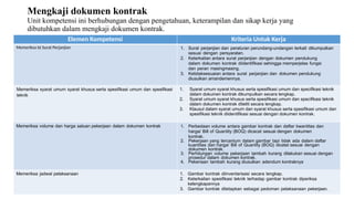 Mengkaji dokumen kontrak
Unit kompetensi ini berhubungan dengan pengetahuan, keterampilan dan sikap kerja yang
dibutuhkan dalam mengkaji dokumen kontrak.
Elemen Kompetensi Kriteria Untuk Kerja
Memeriksa Isi Surat Perjanjian 1. Surat perjanjian dan peraturan perundang-undangan terkait dikumpulkan
sesuai dengan persyaratan.
2. Keterkaitan antara surat perjanjian dengan dokumen pendukung
dalam dokumen kontrak diidentifikasi sehingga memperjelas fungsi
dan peran masingmasing.
3. Ketidaksesuaian antara surat perjanjian dan dokumen pendukung
diusulkan amandemennya.
Memeriksa syarat umum syarat khusus serta spesifikasi umum dan spesifikasi
teknik
1. Syarat umum syarat khusus serta spesifikasi umum dan specifikasi teknik
dalam dokuinen kontrak dikumpulkan secara lengkap.
2. Syarat umum syarat khusus serta spesifikasi umum dan specifikasi teknik
dalam dokumen kontrak diteliti secara lengkap.
3. Klausul dalam syarat umum dan syarat khusus serta spesifikasi umum dan
spesifikasi teknik diidentifikasi sesuai dengan dokumen kontrak.
Memeriksa volume dan harga satuan pekerjaan dalam dokumen kontrak 1. Perbedaan volume antara gambar kontrak dan daftar kwantitas dan
harga/ Bill of Quantity (BOQ) dicacat sesuai dengan dokumen
kontrak.
2. Pekerjaan yang tercantum dalam gambar tapi tidak ada dalam daftar
kuantitas dan harga/ Bill of Quantity (BOQ) dicatat sesuai dengan
dokumen kontrak.
3. Perhitungan volume pekerjaan tambah kurang dilakukan sesuai dengan
prosedur dalam dokumen kontrak.
4. Pekeriaan tambah kurang diusulkan adendum kontraknya
Memeriksa jadwal pelaksanaan 1. Gambar kontrak diinventarisasi secara lengkap.
2. Keterkaitan spesifikasi teknik terhadap gambar kontrak diperiksa
kelengkapannya
3. Gambar kontrak ditetapkan sebagai pedoman pelaksanaan pekerjaan.
 
