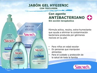 JABÓN GEL HYGIENIC
     CON TRICLOSÁN


           Con agente
           ANTIBACTERIANO
           Sin acción terapéutica



           Fórmula activa, neutra, extra-humectante
           que ayuda a eliminar la contaminación
           bacteriana producida por gérmenes
           nocivos en su piel.



           •   Para niños en edad escolar
           •   En personas que manipulan
               alimentos
           •   Para el cuidado y protección de
               la salud de toda la familia
 