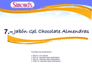 Formatos de presentación:

•   360 ml. con válvula
•   510 ml. repuesto tapa dosificadora
•   700 ml. repuesto tapa dosificadora
•   1000 ml. repuesto tapa dosificadora
 