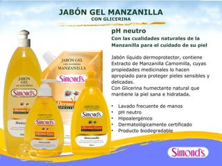 JABÓN GEL MANZANILLA
      CON GLICERINA

            pH neutro
            Con las cualidades naturales de la
            Manzanilla para el cuidado de su piel

            Jabón líquido dermoprotector, contiene
            Extracto de Manzanilla Camomilla, cuyas
            propiedades medicinales lo hacen
            apropiado para proteger pieles sensibles y
            delicadas.
            Con Glicerina humectante natural que
            mantiene la piel sana e hidratada.

            •   Lavado frecuente de manos
            •   pH neutro
            •   Hipoalergénico
            •   Dermatológicamente certificado
            •   Producto biodegradable
 