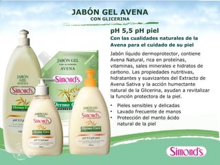 JABÓN GEL AVENA
   CON GLICERINA

         pH 5,5 pH piel
         Con las cualidades naturales de la
         Avena para el cuidado de su piel
         Jabón líquido dermoprotector, contiene
         Avena Natural, rica en proteínas,
         vitaminas, sales minerales e hidratos de
         carbono. Las propiedades nutritivas,
         hidratantes y suavizantes del Extracto de
         Avena Sativa y la acción humectante
         natural de la Glicerina, ayudan a revitalizar
         la función protectora de la piel.
         •   Pieles sensibles y delicadas
         •   Lavado frecuente de manos
         •   Protección del manto ácido
             natural de la piel
 