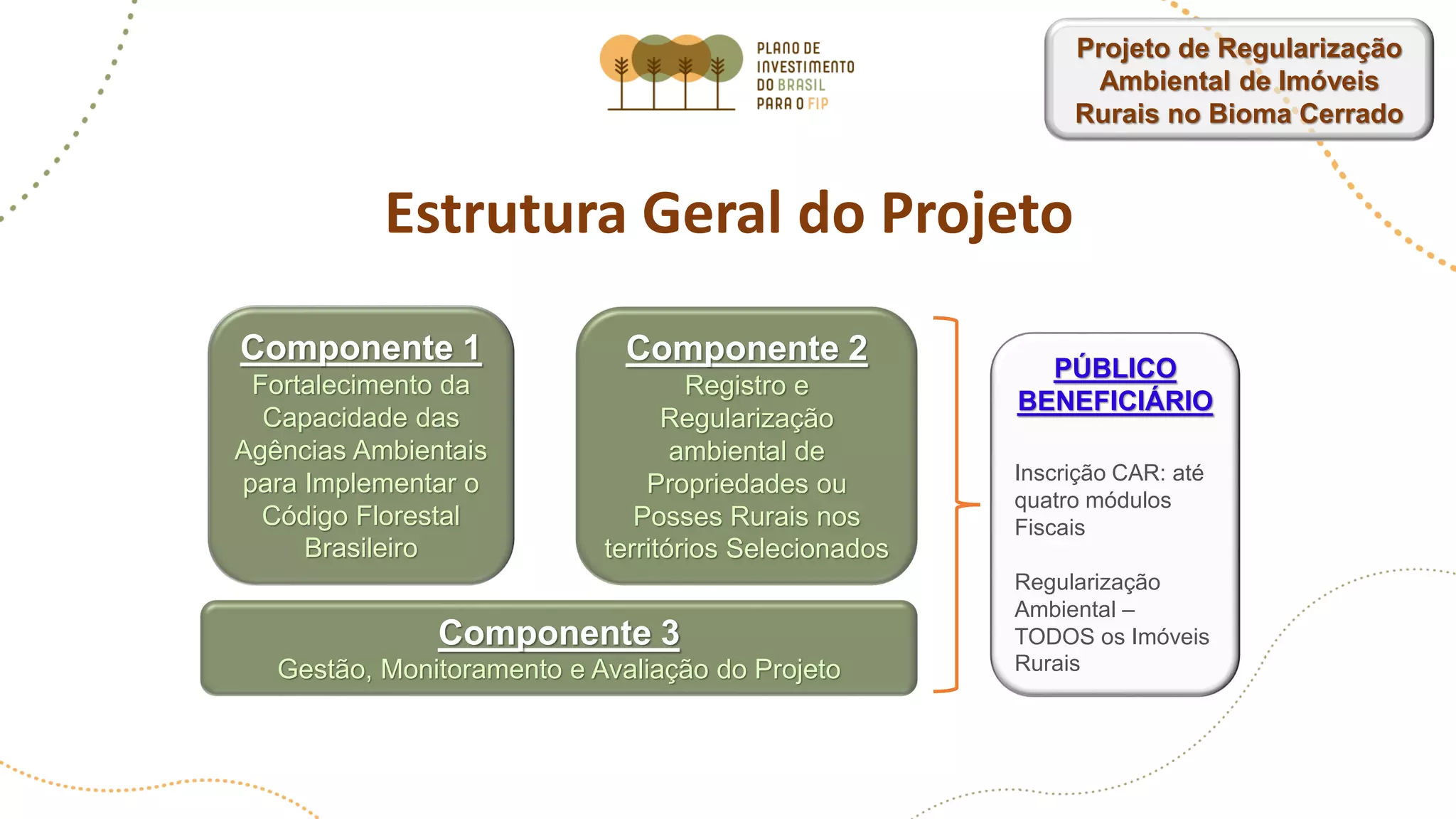 Projeto de Regularização
Ambiental de Imóveis
Rurais no Bioma Cerrado
Estrutura Geral do Projeto
Componente 1
Fortalecimento da
Capacidade das
Agências Ambientais
para Implementar o
Código Florestal
Brasileiro
Componente 2
Registro e
Regularização
ambiental de
Propriedades ou
Posses Rurais nos
territórios Selecionados
PÚBLICO
BENEFICIÁRIO
Inscrição CAR: até
quatro módulos
Fiscais
Regularização
Ambiental –
TODOS os Imóveis
Rurais
Componente 3
Gestão, Monitoramento e Avaliação do Projeto
 