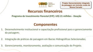 Recursos financeiros
Programa de Investimento Florestal (FIP): US$ 21 milhões - Doação
Componentes
1. Desenvolvimento institucional e capacitação profissional para o gerenciamento
da paisagem;
2. Integração de práticas de paisagem em Bacias Hidrográficas Selecionadas;
3. Gerenciamento, monitoramento, avaliação e comunicação do Projeto.
Projeto Gerenciamento integrado
da paisagem em imóveis rurais do
Bioma Cerrado
 