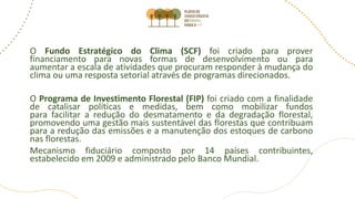 O Fundo Estratégico do Clima (SCF) foi criado para prover
financiamento para novas formas de desenvolvimento ou para
aumentar a escala de atividades que procuram responder à mudança do
clima ou uma resposta setorial através de programas direcionados.
O Programa de Investimento Florestal (FIP) foi criado com a finalidade
de catalisar políticas e medidas, bem como mobilizar fundos
para facilitar a redução do desmatamento e da degradação florestal,
promovendo uma gestão mais sustentável das florestas que contribuam
para a redução das emissões e a manutenção dos estoques de carbono
nas florestas.
Mecanismo fiduciário composto por 14 países contribuintes,
estabelecido em 2009 e administrado pelo Banco Mundial.
 