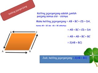 Keliling jajargenjang adalah jumlah
panjang semua sisi - sisinya
Maka keliling jajargenjang = AB + BC + CD + DA,
karena AB = DC dan AD = BC akibatnya

C

D

= AB + BC + CD + DA
= AB + AB + BC + BC
= 2(AB + BC)

A

B
Jadi, keliling jajargenjang = 2(AB + BC)

 