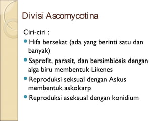 Divisi Ascomycotina
Ciri-ciri :
Hifa bersekat (ada yang berinti satu dan
banyak)
Saprofit, parasit, dan bersimbiosis dengan
alga biru membentuk Likenes
Reproduksi seksual dengan Askus
membentuk askokarp
Reproduksi aseksual dengan konidium
 