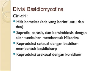 Divisi Basidiomycotina
Ciri-ciri :
Hifa bersekat (ada yang berinti satu dan
dua)
Saprofit, parasit, dan bersimbiosis dengan
akar tumbuhan membentuk Mikoriza
Reproduksi seksual dengan basidium
membentuk basidiokarp
Reproduksi aseksual dengan konidium
 