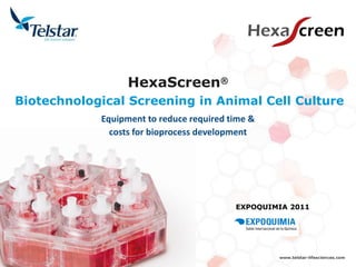 www.telstar-lifesciences.com
HexaScreen®
Biotechnological Screening in Animal Cell Culture
Equipment to reduce required time &
costs for bioprocess development
EXPOQUIMIA 2011
 