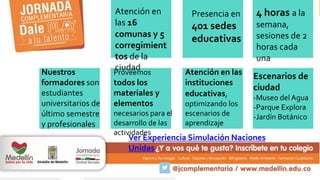 Atención en 
las 16 
comunas y 5 
corregimient 
tos de la 
ciudad 
Presencia en 
401 sedes 
educativas 
4 horas a la 
semana, 
sesiones de 2 
horas cada 
una 
Nuestros 
formadores son 
estudiantes 
universitarios de 
último semestre 
y profesionales 
Proveemos 
todos los 
materiales y 
elementos 
necesarios para el 
desarrollo de las 
actividades 
Atención en las 
instituciones 
educativas, 
optimizando los 
escenarios de 
aprendizaje 
Escenarios de 
ciudad 
-Museo del Agua 
-Parque Explora 
-Jardín Botánico 
Ver Experiencia Simulación Naciones 
Unidas 
 