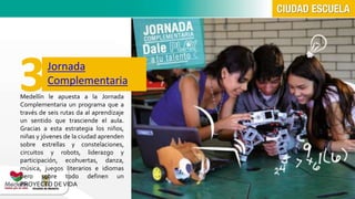 3Jornada 
Complementaria 
Medellín le apuesta a la Jornada 
Complementaria un programa que a 
través de seis rutas da al aprendizaje 
un sentido que trasciende el aula. 
Gracias a esta estrategia los niños, 
niñas y jóvenes de la ciudad aprenden 
sobre estrellas y constelaciones, 
circuitos y robots, liderazgo y 
participación, ecohuertas, danza, 
música, juegos literarios e idiomas 
pero sobre todo definen un 
PROYECTO DEVIDA 
 