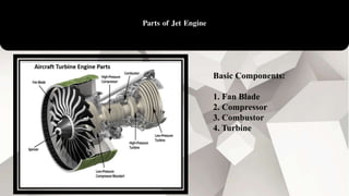 Parts of Jet Engine
Basic Components:
1. Fan Blade
2. Compressor
3. Combustor
4. Turbine
 