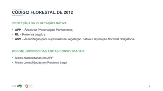 CÓDIGO FLORESTAL DE 2012
• APP – Áreas de Preservação Permanente;
• RL – Reserva Legal; e
• ASV – Autorização para supressão de vegetação nativa e reposição florestal obrigatória.
5
PROTEÇÃO DA VEGETAÇÃO NATIVA
• Áreas consolidadas em APP
• Áreas consolidadas em Reserva Legal
REGIME JURÍDICO DAS ÁREAS CONSOLIDADAS
 