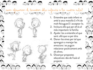 Com afavorim el benestar dels infants a la nostra aula?
1.  Entendre que cada infant ve
amb la seva motxilla (i n’hi de
molt feixugues!) i acceptar-lo.
2.  Incloure allò que per ell és el
més important: la família
3.  Ajudar-los a entendre el que
sent: allò que va per dins
4.  Donar-los eines per tal que
aprenguin a manejar les
emocions i es puguin
relacionar positivament amb
els altres.
5.  Dissenyar propostes
educatives: des de l’aula al
projecte
 