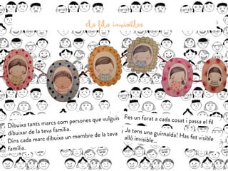 Els fils invisibles
Dibuixa tants marcs com persones que vulguis
dibuixar de la teva família.
Dins cada marc dibuixa un membre de la teva
família.
Dibuixa tants marcs com persones que vulguis
dibuixar de la teva família.
Fes un forat a cada cosat i passa el ﬁl
Ja tens una guirnalda! Has fet visibleallò invisible…
 