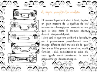 El repte: Omplir la maleta
El desenvolupament d’un infant, depèn
en gran mesura de la qualitat de les
interaccions biològiques i sensorimotrius
que la seva mare li procura abans,
durant i després del part.
I això serà el que ens arribarà a l'escola,
on li procurarem possiblement una
imatge diferent d'ell mateix de la que
ﬁns ara se li ha procurat en el seu nucli
familiar i així, socialitzant-se amb els
seus iguals anirà construint la seva
pròpia imatge i l'autoconcepte.
 