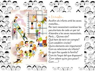 A L’ESCOLA...
Acollim als infants amb les seves
motxilles...
Per tant necessitam conèixer les
peculiaritats de cada un per tal
d’atendre a les seves necessitats.
Però.... Quines són?
Què hem de tenir en compte?
Com establim vincles?
Quins elements són importants?
Com es relacionen els infants?
En quin lloc queda la família?
Com és l’espai del que disposam?
Com sabem quins jocs posar?
Com ......?
 