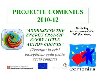 PROJECTE COMENIUS
      2010-12
                                  Marta Pey
   “ADDRESSING THE           Institut Jaume Callís,
                                VIC (Barcelona)
    ENERGY CRUNCH:
     EVERY LITTLE
    ACTION COUNTS”
     (Tractant la crisi
   energètica: cada petita
       acció compta)
 