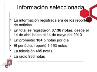 Información seleccionada

• La información registrada era de los reportes
    de noticias
•   En total se registraron 3,136 notas, desde el
    14 de abril hasta el 14 de mayo del 2010
•   En promedio 104.5 notas por día
•   El periódico reportó 1,163 notas
•   La televisión 485 notas
•   La radio 988 notas
 