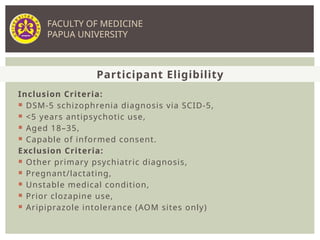 Inclusion Criteria:
 DSM-5 schizophrenia diagnosis via SCID-5,
 <5 years antipsychotic use,
 Aged 18–35,
 Capable of informed consent.
Exclusion Criteria:
 Other primary psychiatric diagnosis,
 Pregnant/lactating,
 Unstable medical condition,
 Prior clozapine use,
 Aripiprazole intolerance (AOM sites only)
Participant Eligibility
FACULTY OF MEDICINE
PAPUA UNIVERSITY
 