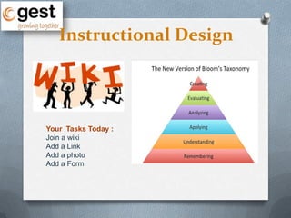 Instructional Design
Your Tasks Today :
Join a wiki
Add a Link
Add a photo
Add a Form
 