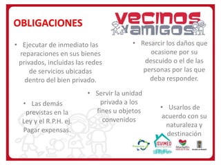 OBLIGACIONES
• Ejecutar de inmediato las
reparaciones en sus bienes
privados, incluidas las redes
de servicios ubicadas
dentro del bien privado.
• Las demás
previstas en la
Ley y el R.P.H. ej.
Pagar expensas.

• Resarcir los daños que
ocasione por su
descuido o el de las
personas por las que
deba responder.

• Servir la unidad
privada a los
fines u objetos
convenidos

• Usarlos de
acuerdo con su
naturaleza y
destinación

 
