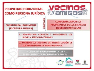 CONSTITUIDA LEGALMENTE
(ESCRITURA PÚBLICA)

OBJETIVOS

PROPIEDAD HORIZONTAL
COMO PERSONA JURÍDICA
CONFORMADA POR LOS
PROPIETARIOS DE LOS BIENES DE
DOMINIO PARTICULAR

1. ADMINISTRAR CORRECTA Y EFICAZMENTE LOS
BIENES Y SERVICIOS COMUNES
2. MANEJAR LOS ASUNTOS DE INTERÉS COMÚN DE
LOS PROPIETARIOS DE BIENES PRIVADOS.
3. CUMPLIR Y HACER CUMPLIR LA LEY Y
EL REGLAMENTO DE PROPIEDAD HORIZONTAL.

 