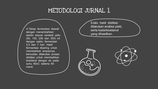 METODOLOGI JURNAL 1
4.Tahap fermentasi diawali
dengan menambahkan
starter sesuai variabel yaitu
(50, 150, 250 dan 350) ml
dengan waktu fermentasi
3,5 dan 7 hari. Hasil
fermentasi disaring untuk
memisahkan ampasnya,
kemudian dilakukan proses
distilasi untuk memisahkan
bioetanol dengan air pada
suhu 80oC selama 60
menit.
5.lalu hasil distilasi
dilakukan analisa yield,
serta kadarbioetanol
yang dihasilkan.
 