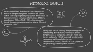 METODOLOGI JURNAL 2
Tahap Delignifikasi, Pretreatmen atau delignifikasi
dilakukan dengan mengambil sebanyak 180 gram
serbuk kulit singkong hasil pengayakan dimasukkan ke
dalam erlenmeyer kemudian ditambahkan 2160 mL
aquades dan 250 mL NaOH 10%, dipanaskan dan
diaduk dengan menggunakan stirer selama 30 menit
pada suhu 160oC.
01
Selanjutnya larutan disaring dengan menggunakan
kertas saring. Residu hasil penyaringan dicuci
dengan aquades sampai diperoleh pH netral lalu
dioven pada suhu 105 oC selama 2 jam kemudian
menggerusnya hingga halus dengan
menggunakan lumping dan alu dan mengayaknya
dengan menggunakan ayakan 40 mesh.
02
 