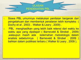 ULASAN
PENDEKATAN PBL

1.

2.

Siswa PBL umumnya melakukan penilaian bergerak dari
pengetahuan dan membentuk penalaran lebih kompleks (
Dochy et al , 2003; . Walker & Leary , 2009) .
PBL menghasilkan yang lebih baik retensi dari waktu ke
waktu apa yang dipelajari ( Barneveld & Strobel , 2009)
,walaupun masih ada kelemahan metodologis dalam
analisis sebelumnya ( Barneveld & Strobel , 2009 )
bahkan dalam publikasi terbaru ( Walker & Leary , 2009 ).

 