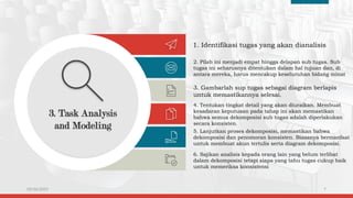 03/26/2025 7
1. Identifikasi tugas yang akan dianalisis
2. Pilah ini menjadi empat hingga delapan sub tugas. Sub
tugas ini seharusnya ditentukan dalam hal tujuan dan, di
antara mereka, harus mencakup keseluruhan bidang minat
3. Gambarlah sup tugas sebagai diagram berlapis
untuk memastikannya selesai.
4. Tentukan tingkat detail yang akan diuraikan. Membuat
kesadaran keputusan pada tahap ini akan memastikan
bahwa semua dekomposisi sub tugas adalah diperlakukan
secara konsisten.
5. Lanjutkan proses dekomposisi, memastikan bahwa
dekomposisi dan penomoran konsisten. Biasanya bermanfaat
untuk membuat akun tertulis serta diagram dekomposisi.
6. Sajikan analisis kepada orang lain yang belum terlibat
dalam dekomposisi tetapi siapa yang tahu tugas cukup baik
untuk memeriksa konsistensi
3. Task Analysis
and Modeling
 