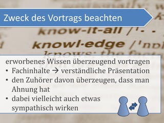 Zweck des Vortrags beachten



erworbenes Wissen überzeugend vortragen
• Fachinhalte  verständliche Präsentation
• den Zuhörer davon überzeugen, dass man
  Ahnung hat
• dabei vielleicht auch etwas
  sympathisch wirken
 