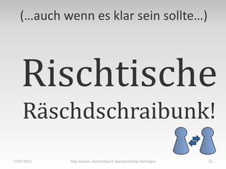 (…auch wenn es klar sein sollte…)



    Rischtische
    Räschdschraibunk!
23.07.2012   Anja Lorenz, Annett Einert: Kurzworkshop Vortragen   52
 