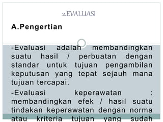 A.Pengertian 
2.EVALUASI 
-Evaluasi adalah membandingkan 
suatu hasil / perbuatan dengan 
standar untuk tujuan pengambilan 
keputusan yang tepat sejauh mana 
tujuan tercapai . 
-Evaluasi keperawatan : 
membandingkan efek / hasil suatu 
tindakan keperawatan dengan norma 
atau kriteria tujuan yang sudah 
 