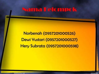Nama Kelompok


 Norbenah (0957201000526)
Dewi Yustari (0957201000527)
Hery Subrata (0957201000598)
 