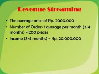 Revenue Streaming
• The average price of Rp. 2000.000
• Number of Orders / average per month (3-4
  months) = 200 pieces
• income (3-4 months) = Rp. 20.000.000
 
