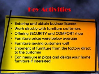 Key Activities

• Entering and obtain business licenses
• Work directly with furniture craftsmen.
• Offering SECURITY and COMFORT shop
• Furniture prices were below average
• Furniture serving customers well
• Shipment of furniture from the factory direct
  to the customer
• Can measure in place and design your home
  furniture if interested
 