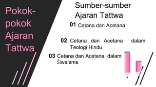 Sumber-sumber
Ajaran Tattwa
Cetana dan Acetana01
Pokok-
pokok
Ajaran
Tattwa
Cetana dan Acetana dalam
Teologi Hindu
02
Cetana dan Acetana dalam
Śiwaisme
03
 