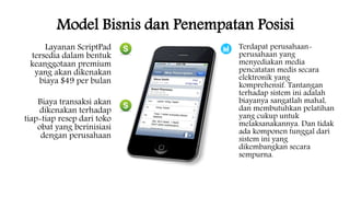 Layanan ScriptPad
tersedia dalam bentuk
keanggotaan premium
yang akan dikenakan
biaya $49 per bulan
Model Bisnis dan Penempatan Posisi
Biaya transaksi akan
dikenakan terhadap
tiap-tiap resep dari toko
obat yang berinisiasi
dengan perusahaan
Terdapat perusahaan-
perusahaan yang
menyediakan media
pencatatan medis secara
elektronik yang
komprehensif. Tantangan
terhadap sistem ini adalah
biayanya sangatlah mahal,
dan membutuhkan pelatihan
yang cukup untuk
melaksanakannya. Dan tidak
ada komponen tunggal dari
sistem ini yang
dikembangkan secara
sempurna.
 