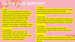 UKURAN DASAR DEMOGRAFI
a. Rate
Angka yang menunjukkan kemungkinan
terjadinya suatu kejadian/penyakit tertentu
dalam populasi dan waktu tertentu atau
perbandingan antara kejadian dengan
jumlah penduduk yang memiliki resiko
kejadian tersebut. Digunakan untuk
menyatakan dinamika dan kecepatan
kejadian tertentu dalam masyarakat. Contoh:
Morbidity rate, Mortality rate, Natality rate)
b. Rasio/Ratio
Perbandingan antara nomerator dan
denominator pada suatu waktu, atau
perbandingan 2 bilangan yang tidak saling
tergantung dan digunakan untuk
menyatakan besarnya kejadian.
c. Proporsi
Perbandingan antara pembilang (Numerator) dengan
penyebut (denominator) dimana Numerator
termasuk/bagian dari denominator, dengan satuan %
d. Rata-rata
Yaitu ukuran nilai tengah yang diperoleh dengan cara
menjumlahkan semua nilai pengamatan yang didapat
kemudian dibagi banyaknya pengamatan yang ada.
e. Frekuensi
Yaitu ukuran yang menyatakan berapa kali
aktivitas/suatu kegiatan dilaksanakan pada periode
waktu tertentu.
f. Cakupan
Ukuran untuk menilai pencapaian hasil pelaksanaan
dari suatu terget kegiatan yang ditentukan pada periode
tertentu..
 