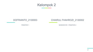 Kelompok 2
2
PEMATERI 1
DOFRIANTO_2130003
MODERATOR + PEMATERI 2
CHAIRUL FHAHROZI_2130002
 